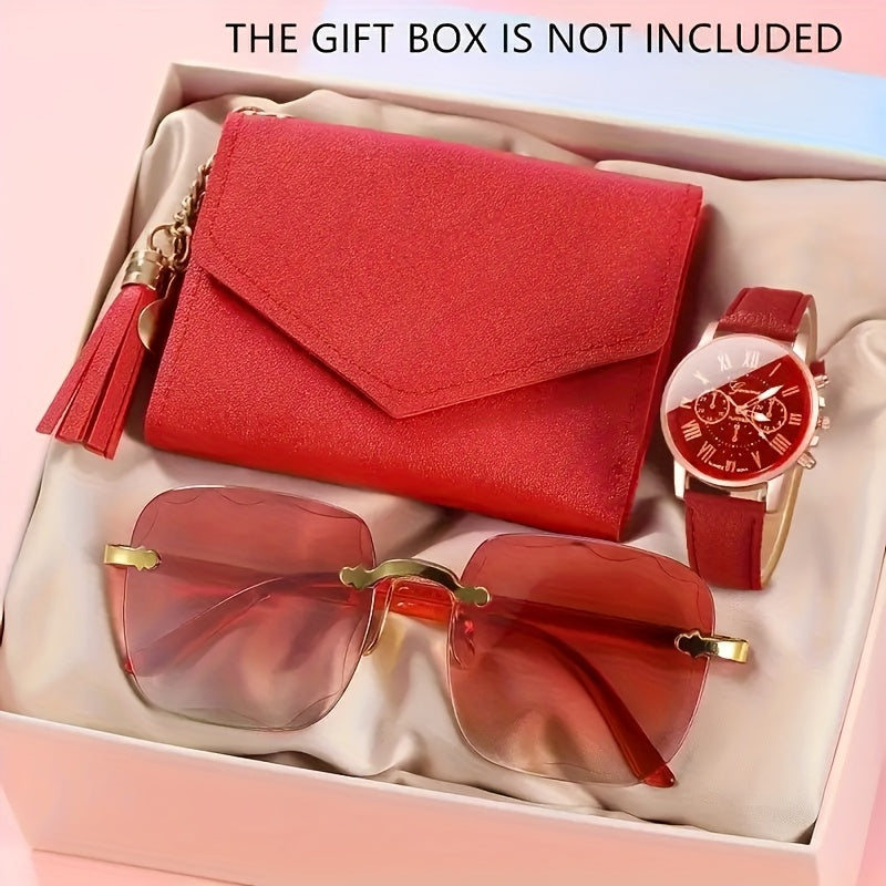 3pcs Elegant Red Round Quartz Watch - Women's Watch with Strap, Alloy Hands, Golden Case And Wallet Glasses Gift