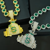 Luxury Hip Hop-Inspired Green Money Bag Pendant Necklace with Rhinestones - KC Golden Plated Zinc Alloy, Perfect for Daily & Party Occasions, Everyday Jewelry|Hip Hop Jewelry|Detailed Craftsmanship