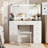 43" Makeup Vanity Desk Set With Prower Outlet, LED Lighted Mirror, Stool, 9 Drawers