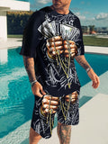 Men 2-piece Hip Hop Style Money Hand Pattern 3D Printed Short Sleeve Crew Neck T-shirt & Drawstring Shorts With Pockets