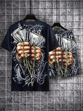 Men 2-piece Hip Hop Style Money Hand Pattern 3D Printed Short Sleeve Crew Neck T-shirt & Drawstring Shorts With Pockets