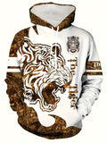 Men Casual Hooded Sweatshirt and Pants Set Tiger Print, Long Sleeve Pullover Hoodie Pockets & Drawstring Joggers