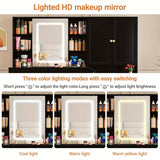 58.6" Large Vanity Desk with Sliding Mirror & Lights, Black Makeup Vanity Table & Nightstand Combo with Power Outlet and 6 Drawers 15 Shelves with Light Strips for Bedroom Dressing Room