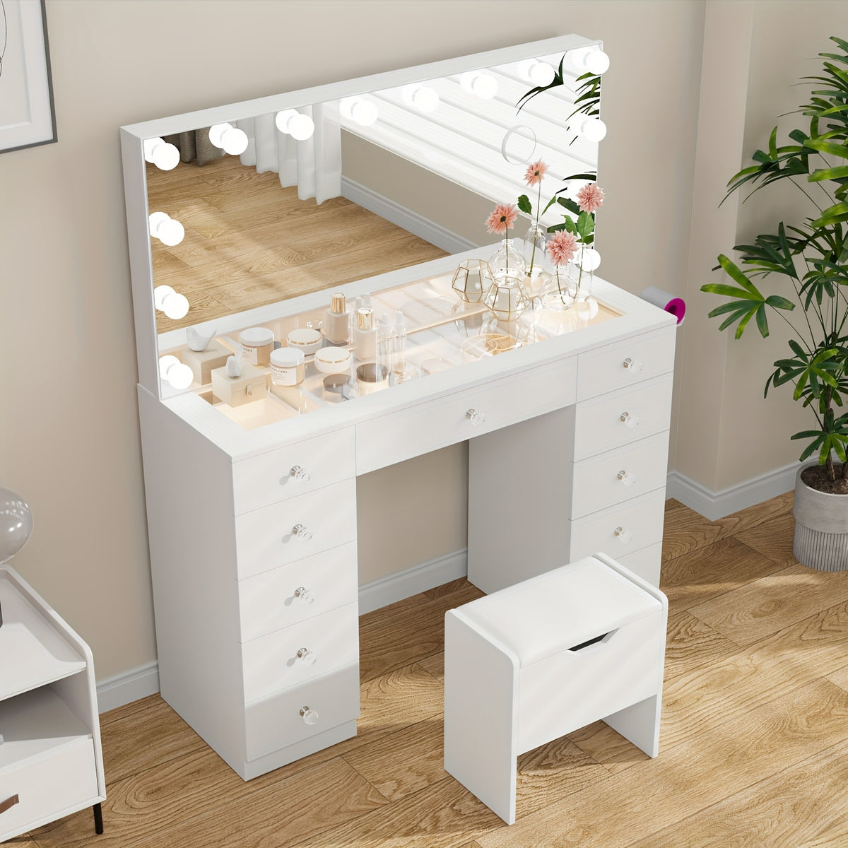 46" Makeup Vanity Desk with Power Outlet, 11 Storage Drawers & Soft Stool, 14-Bulbs Lighted Mirror, 3-Color Modes, Vanity Set for Bedroom