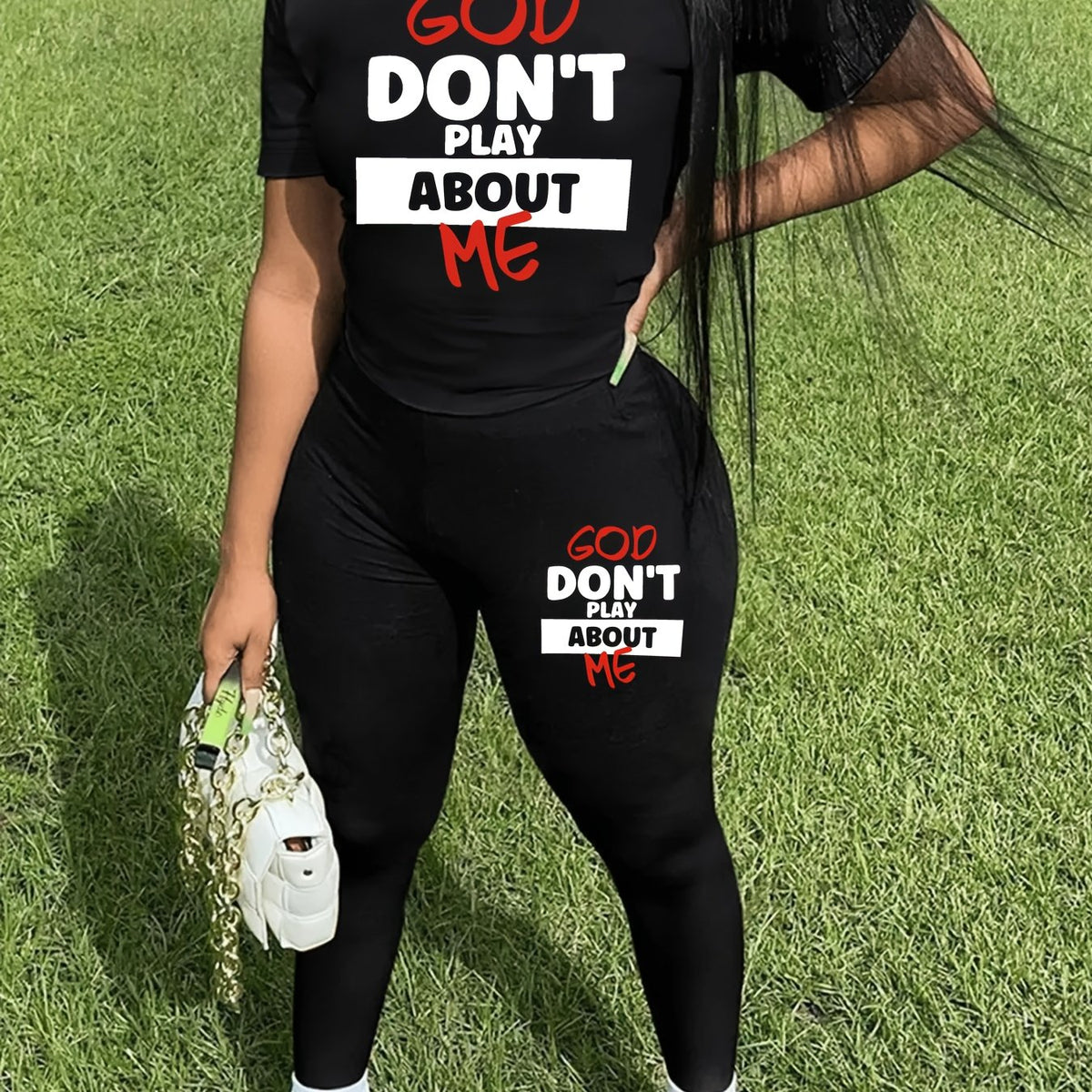 Women Chic Letter Print Casual Comfy Polyester Blend T-Shirt & Long Pants Set