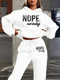 Women Casual Polyester Two-Piece"NOPE Not Today" Letter Print, Hooded Sweatshirt with Pockets & Drawstring Joggers