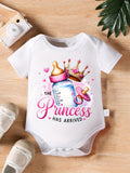 Casual Short-Sleeve Romper The Princess Has Arrived" Cartoon Print Crown & Design Outfit
