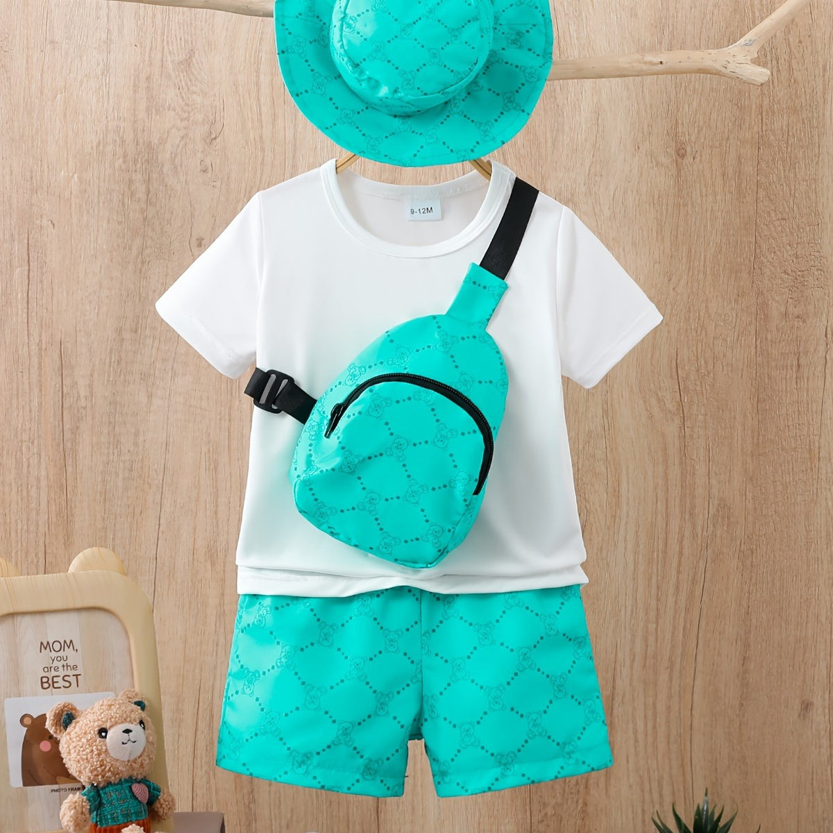 2pcs Adorable Bear Print Summer Outfit Bundle - Soft T-shirt, Cute Hat, Reusable Bag, and Elastic Waist Shorts for Infant & Toddler Boys - Stylish, Comfortable, and Practical Clothing Set