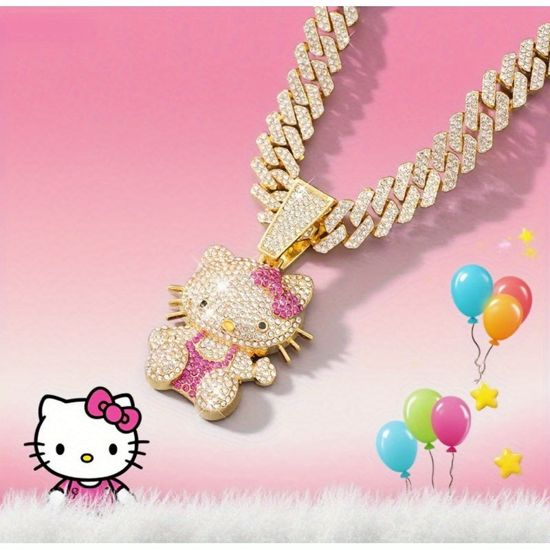 1pc of Officially Super Cute Sanrio for hello kitty Collaboration Cartoon Necklace, The Hip-Hop Cuban Chain Design Is Trendy And Eye-Catching, The Golden Metal Chain Body Is Paired with Dazzling Decorations, And The 3D Water