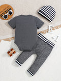 Newborn Baby Boys Girls in Dark Grey Casual Cute Leopard Print Minnie Cartoon Pattern Print Knit Short Sleeve Romper + Long Pants + Striped Hat Outfit, Regular Fit