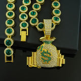 Luxury Hip Hop-Inspired Green Money Bag Pendant Necklace with Rhinestones - KC Golden Plated Zinc Alloy, Perfect for Daily & Party Occasions, Everyday Jewelry|Hip Hop Jewelry|Detailed Craftsmanship