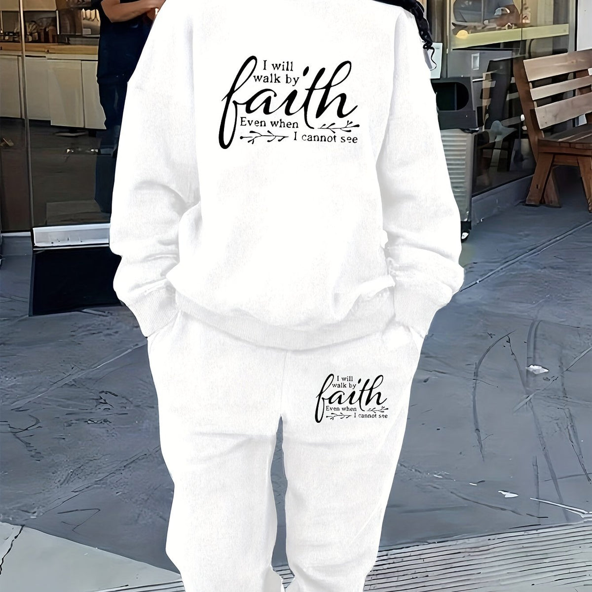 Women Faith Inspirational Letter Print Two-Piece Set Cozy Polyester Crew Neck Sweatshirt & Pants Pockets
