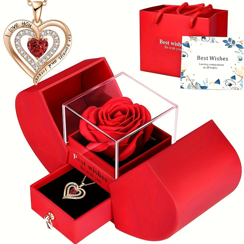 1pc Fashion Romantic Eternal Rose Double Door Jewelry Box With Heart Shaped Necklace - Perfect Gift For Festivals - Perfect Gift For Anniversary, Wedding, Birthday, Jewelry Gift Box, Unisex