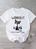 Women Casual Short Sleeve Humorous Cat & Dumbbell "Workout Because Murder Is Wrong" T-Shirt