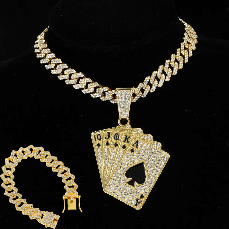 1 Poker Pendant Cuban Chain Necklace and 1 Bracelet Set
