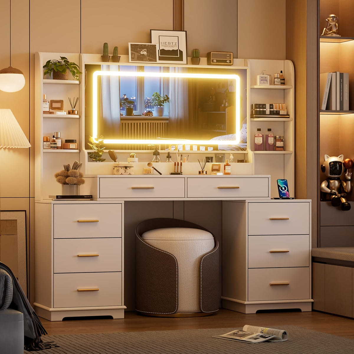 59" Large Vanity Desk with LED Lights Mirror, Makeup Table