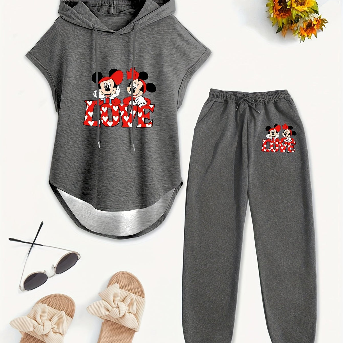 Women Disney Drawstring Sleeveless Hooded Top Summer Letter Print Pants Set