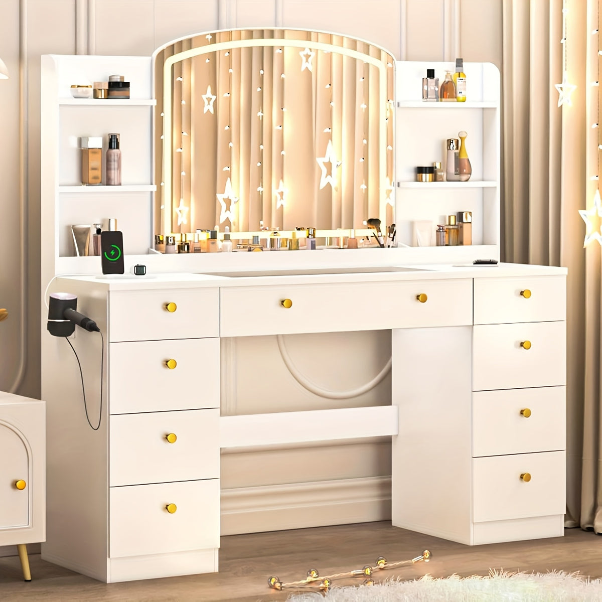 Modern White Makeup Vanity Desk with Large LED Mirror & Charging Station - Adjustable Brightness 3 Modes, Tempered Glass Top, Hardwood Frame, Built-In Power Outlet, No Assembly Required