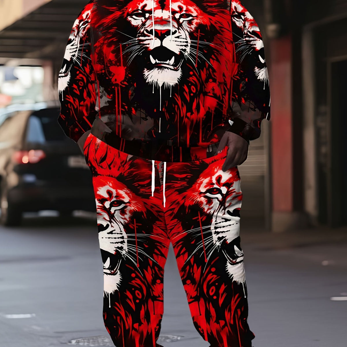 Men Plus Size 3D Lion Print Sportswear Set Long Sleeve Hoodie and Sport Trousers