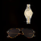 3pcs Luxury Men's And Women's Watch Sets Glow-in Luminous Hands Flashing Large Masonry Hat Toad Fashion Glasses to Send Advanced Key Pack Gift