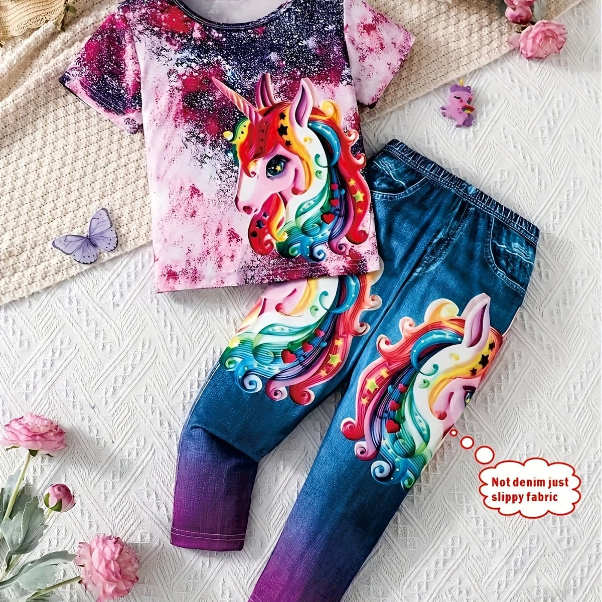 Girls Cartoon Unicorn Graphic Short Sleeve shirt Fake Pocket Denim Pants Set