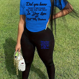 Women Casual Two-Piece Blue "Did You Know" Graphic Tee & Black Leggings