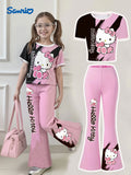 Sanrio Ku'luo'm Girls Heart Bow Short Round Neck T-Shirt + Slim Fit Flared Pants Two-Piece Set
