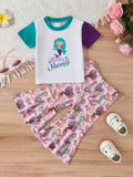Girls Round Neck Short Sleeve Letter Print shirt Colorful Fish Scale Print Bell Bottom Pants Set