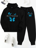 Women Casual Butterfly Print Hooded Long Sleeve Top & Jogger Pant set