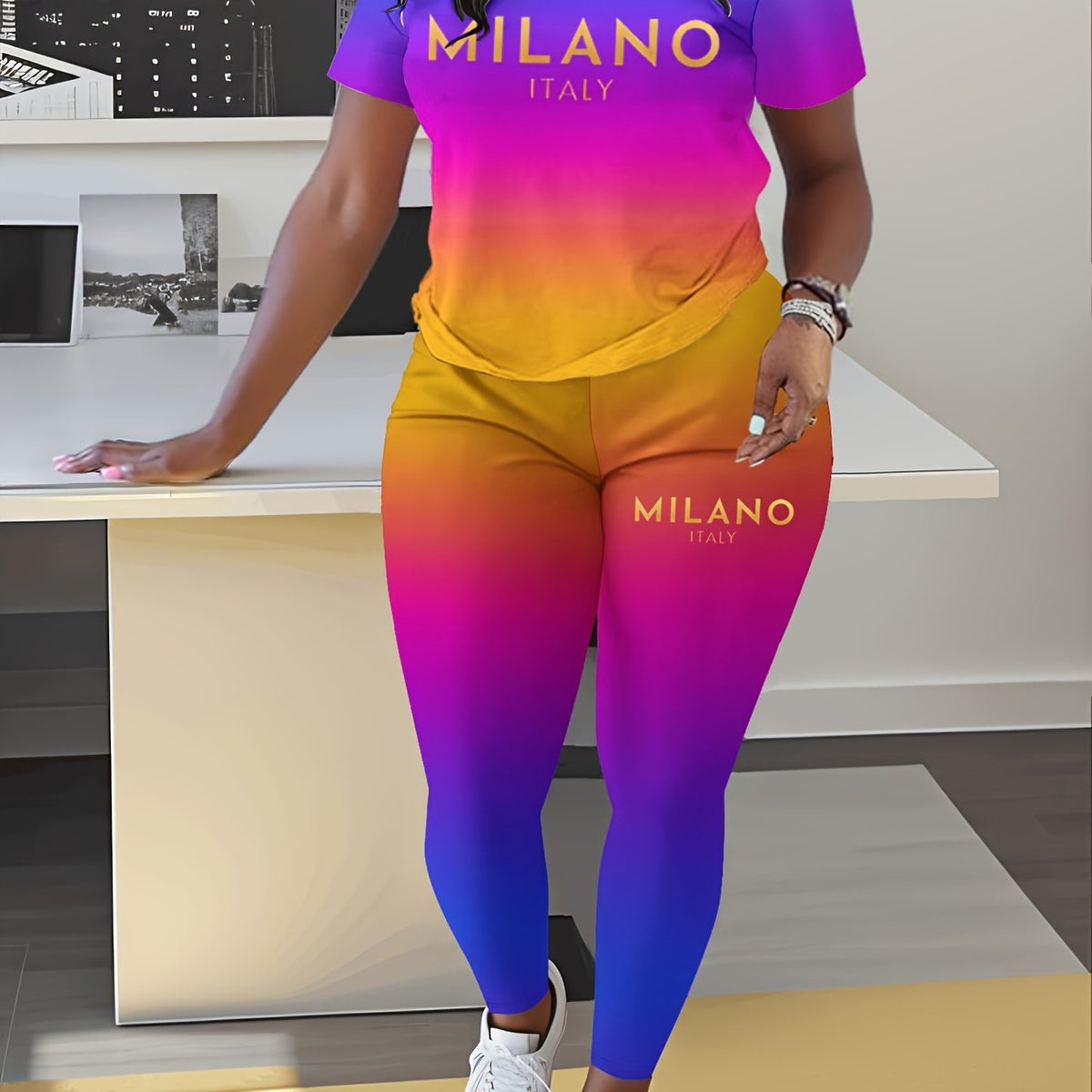 Milano Italy Letter Print Crew Neck Short Sleeve T-Shirt And Legging Set