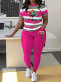 Women Casual Striped Short-Sleeve Top Long Pants Set Floral Stripe Patterns, Featuring Pocketed Pants.