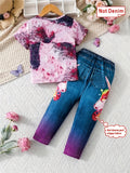 Girls Cartoon Unicorn Graphic Short Sleeve shirt Fake Pocket Denim Pants Set
