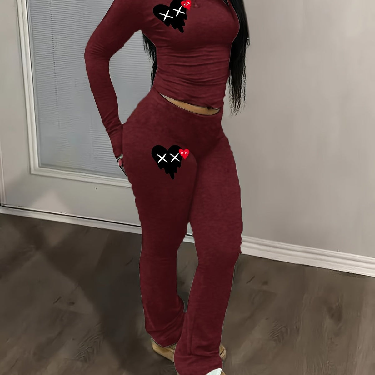 Women Heart Print Shirt & Pants Set