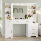 Large Dressing Table With Lighted Mirror And Electrical Outlet, With 6 Drawers, 4 Shelves And 1 Storage, Makeup Vanity, White