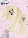 Girls Cute Mickey Mouse Cartoon Leopard Print Round Neck Bubble Sleeve T-Shirt with Bow Elastic Waist Pants Set