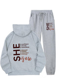 Women Cozy Fleece-Lined Hoodie & Sweatpants Letter Print Set