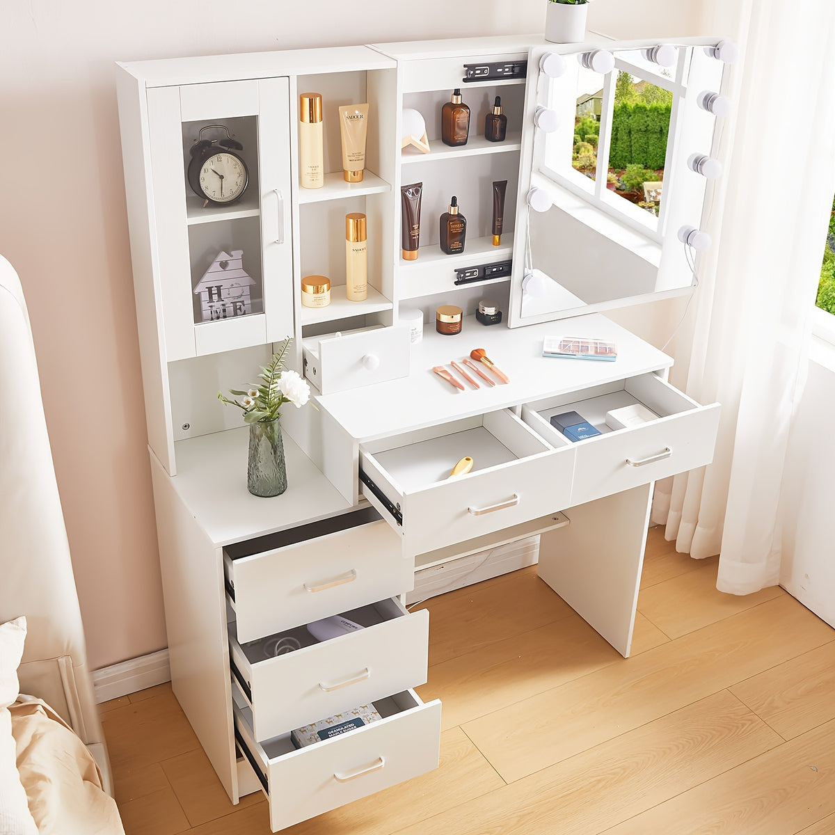 Modern white Solid Wood Dresser with Drawers, Illuminated Vanity Mirror and 3 Adjustable Lighting Modes, Large Capacity Storage Functional Fashion Dresser for Ladies, Perfect Choice for Birthday Gifts, Wedding Season Living R