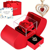 1pc Fashion Romantic Eternal Rose Double Door Jewelry Box With Heart Shaped Necklace - Perfect Gift For Festivals - Perfect Gift For Anniversary, Wedding, Birthday, Jewelry Gift Box, Unisex