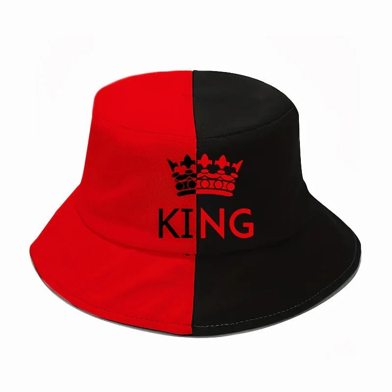 1pc "King" & "Queen" Crown Design Two-Tone Bucket Hat, Breathable Polyester,