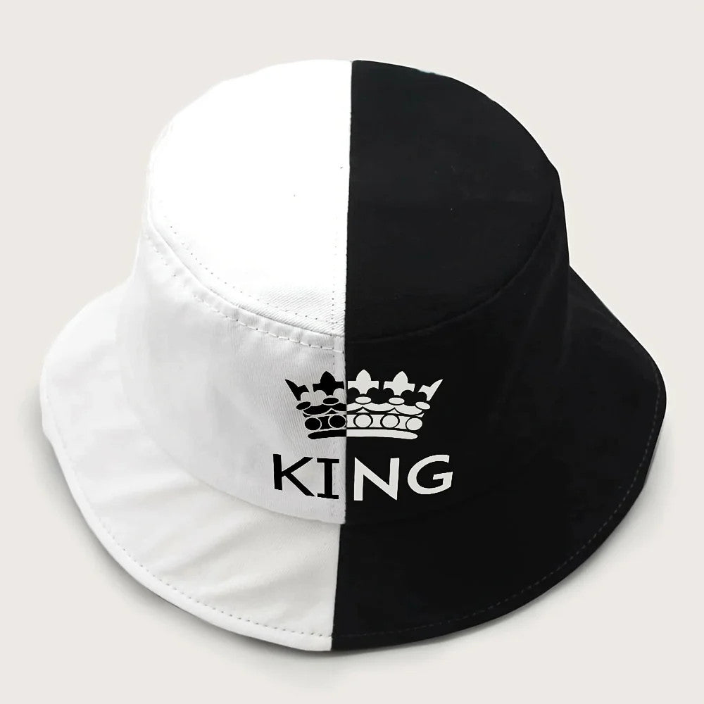 1pc "King" & "Queen" Crown Design Two-Tone Bucket Hat, Breathable Polyester,