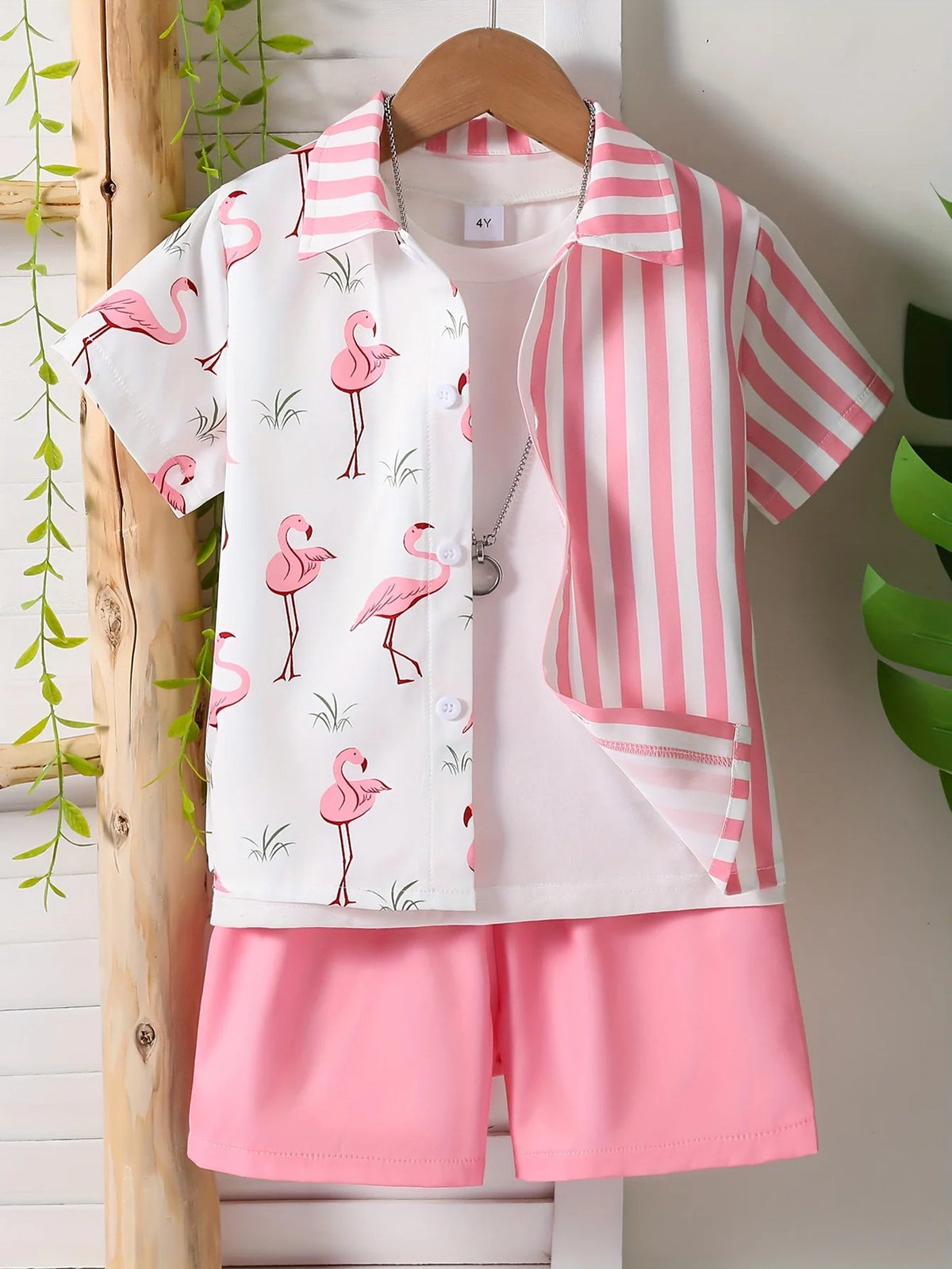 1 set (2pcs) - Youngsters'S Flamingo Print Short Sleeve Shirt and Shorts Set -