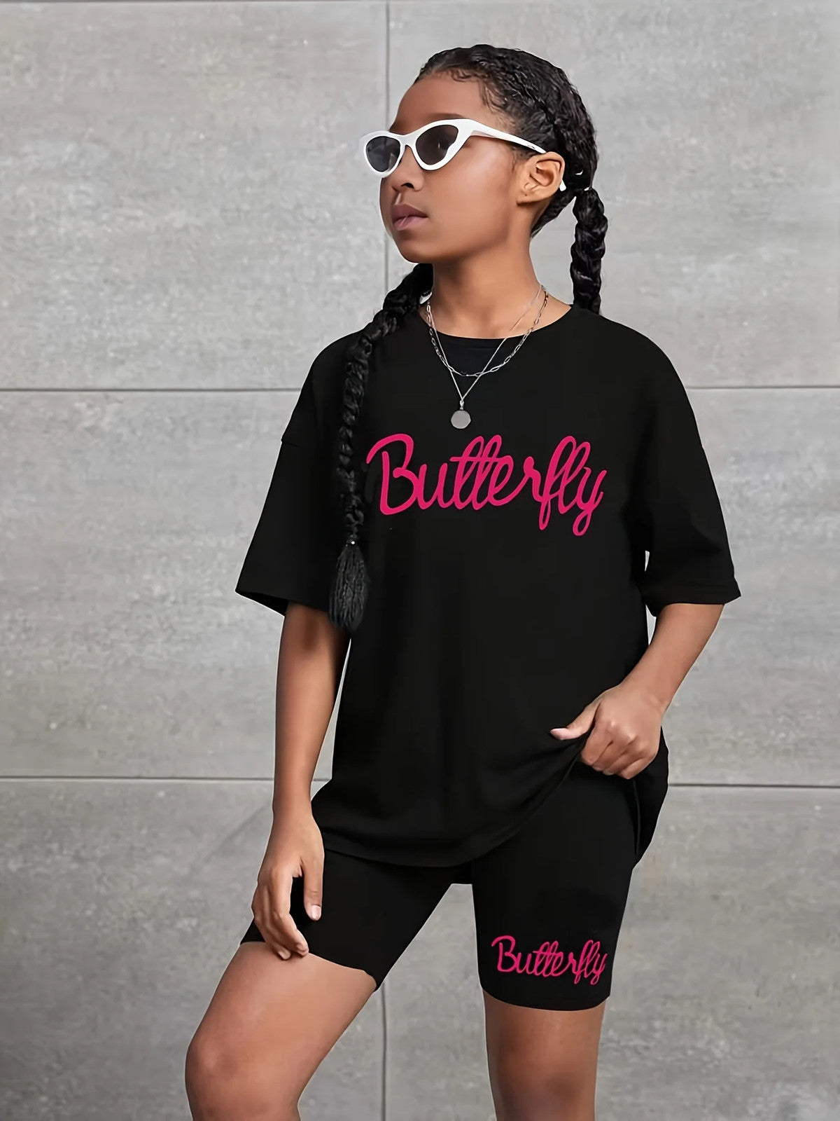 1 Set Girl's Vibrant Butterfly Graphic Tee + Shorts Co-ords Set - Soft,