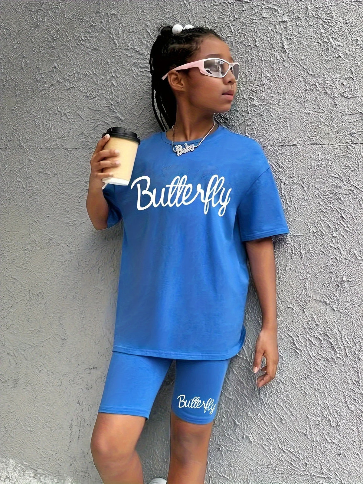 1 Set Girl's Vibrant Butterfly Graphic Tee + Shorts Co-ords Set - Soft,