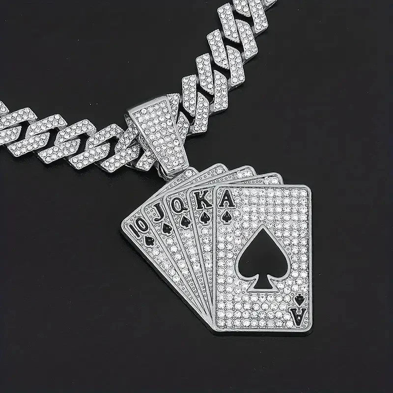 1 Poker Pendant Cuban Chain Necklace and 1 Bracelet Set