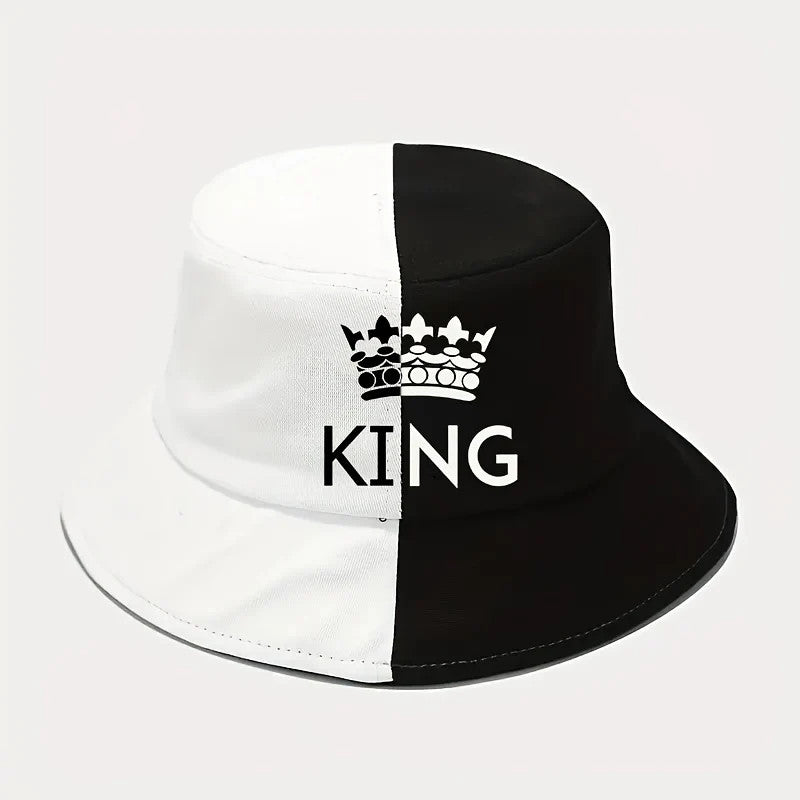 1pc "King" & "Queen" Crown Design Two-Tone Bucket Hat, Breathable Polyester,
