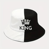 1pc "King" & "Queen" Crown Design Two-Tone Bucket Hat, Breathable Polyester,