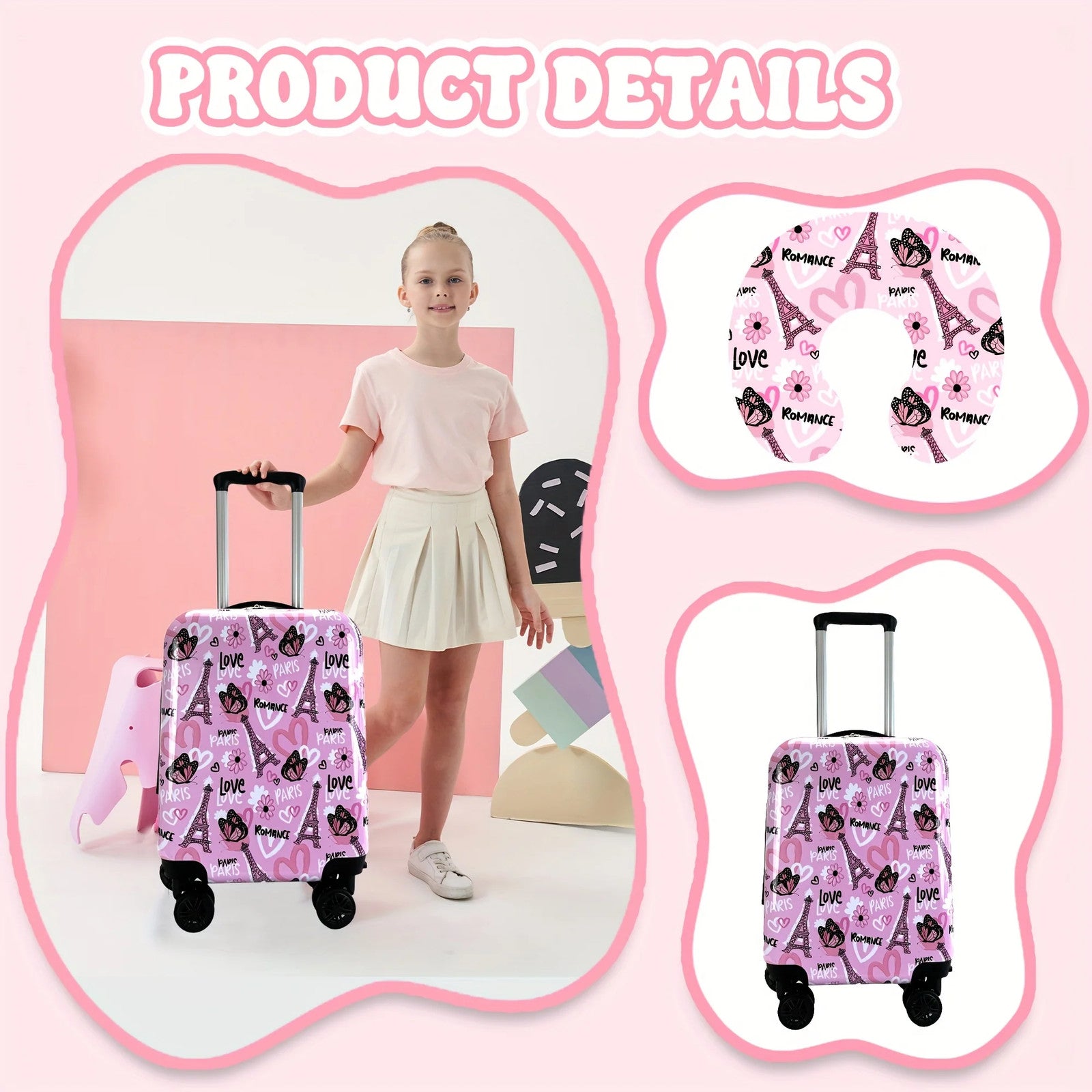 16 INCH Luggage Sets for Girls Cute Pattern with Neck Pillow Rolling Suitcases