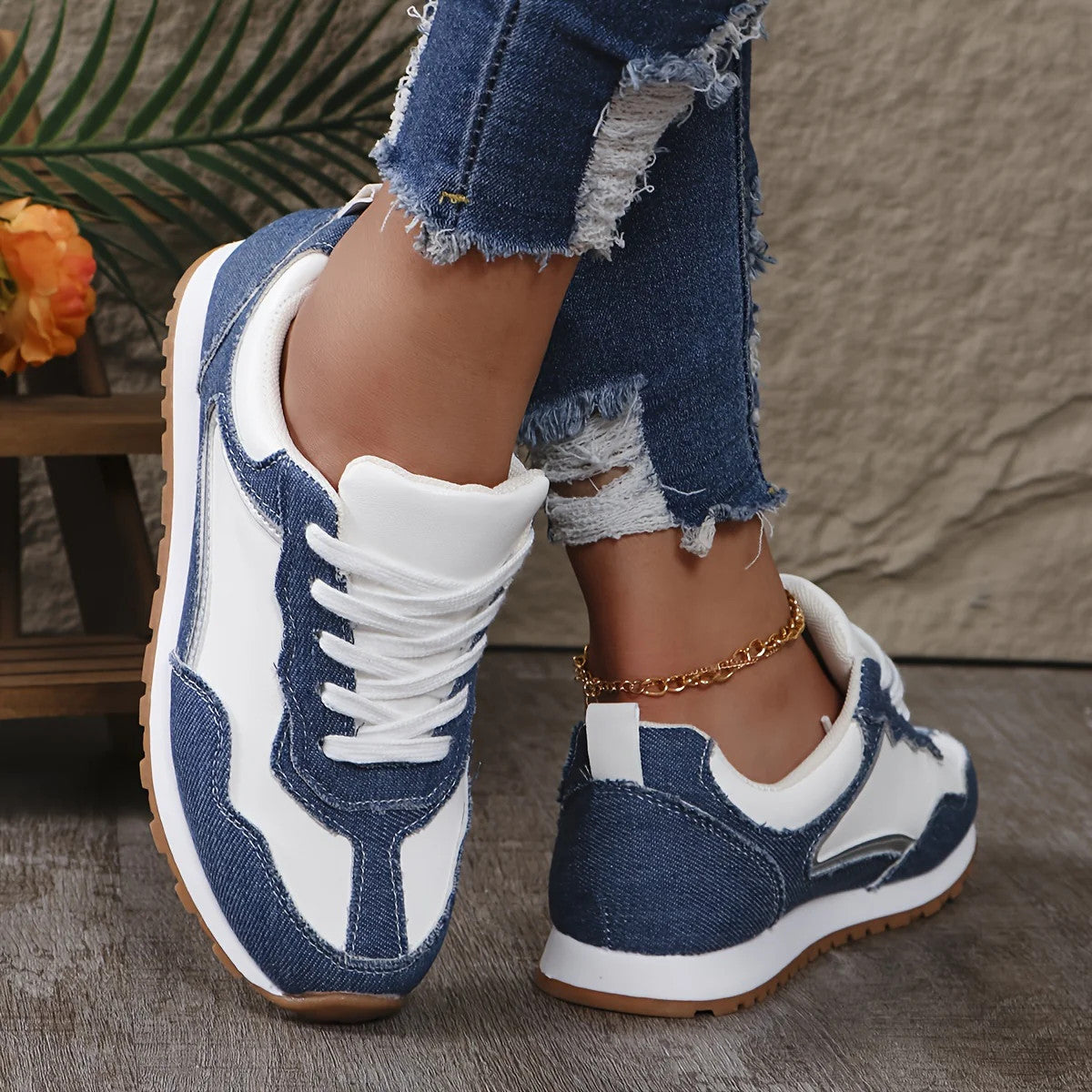 166-2 Blue Cloth White Shoelaces + White PU Versatile Comfortable Fashion