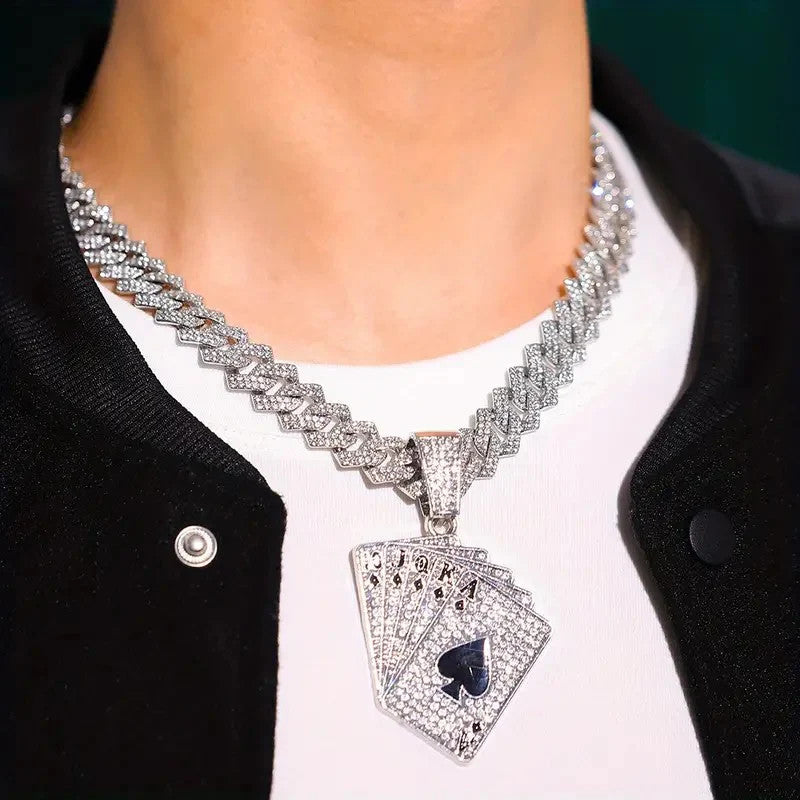 1 Poker Pendant Cuban Chain Necklace and 1 Bracelet Set