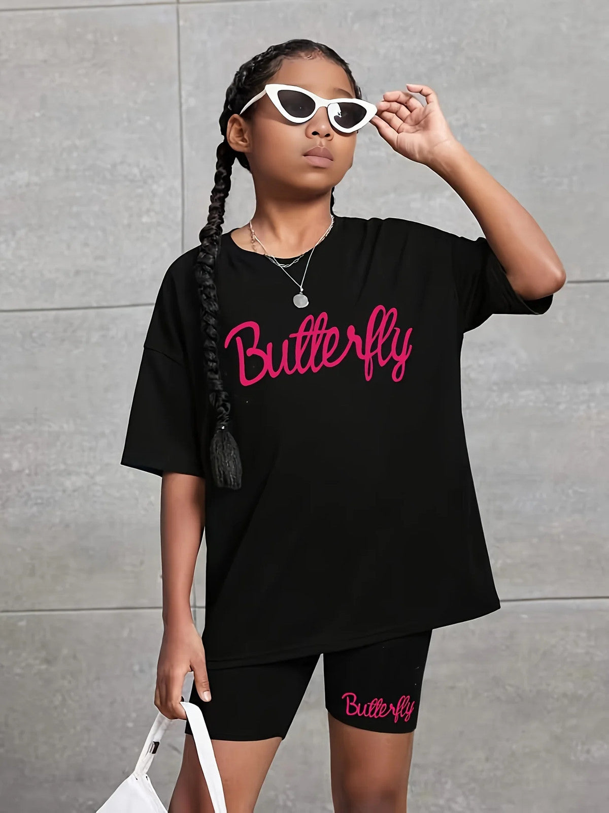 1 Set Girl's Vibrant Butterfly Graphic Tee + Shorts Co-ords Set - Soft,